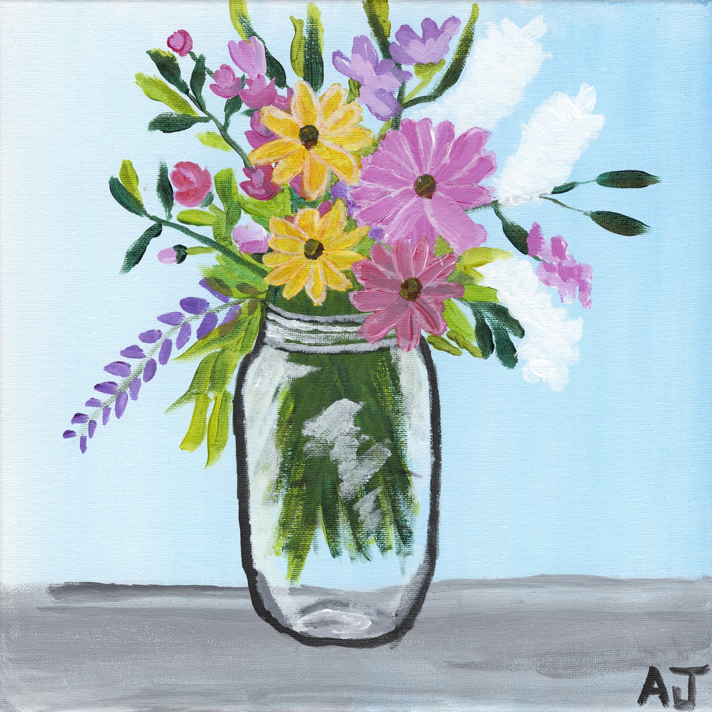 A lively artwork featuring a bouquet of pink, yellow, and purple flowers arranged in a rustic glass jar. Set against a soft blue background, the composition exudes charm and freshness, perfect for adding warmth to any space.