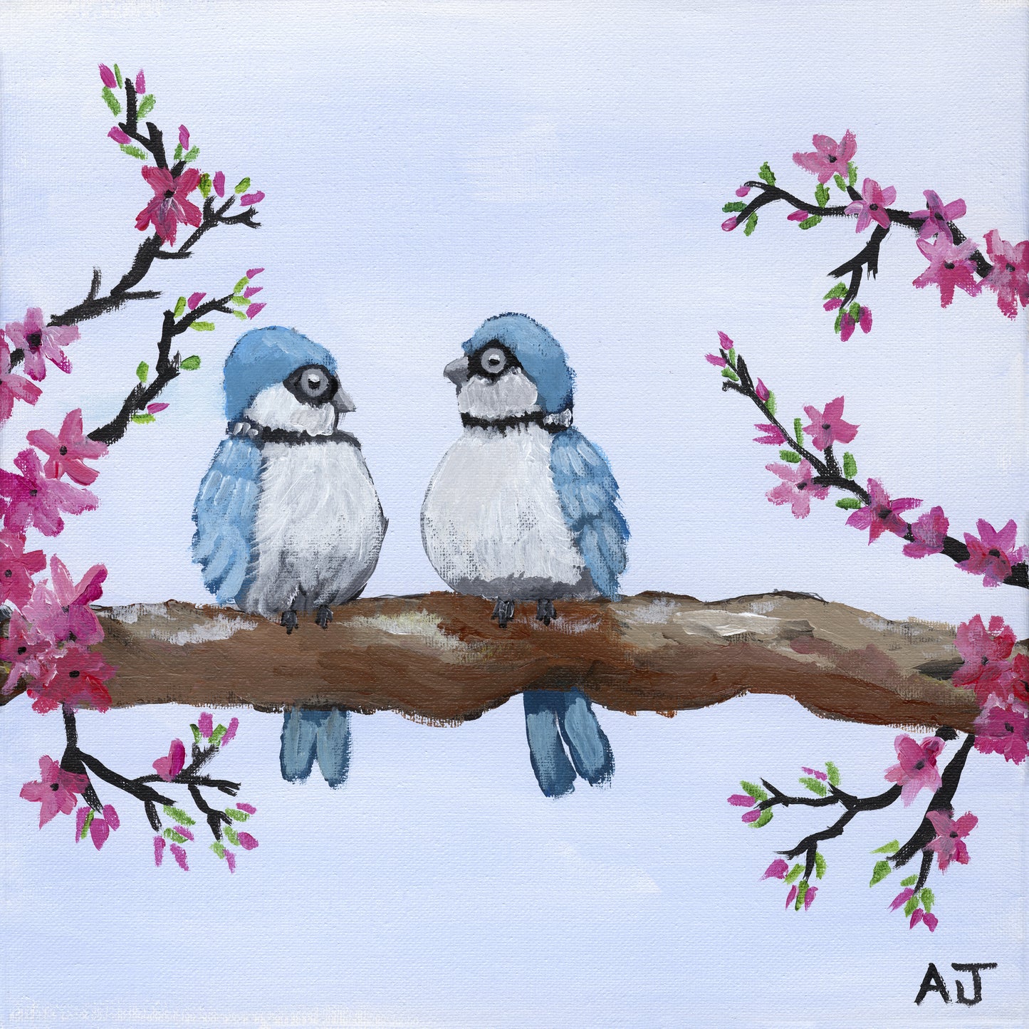 A whimsical artwork of two bluebirds perched on a brown branch surrounded by vibrant pink cherry blossoms. The background is light and minimal, emphasizing the charm and tranquility of spring.