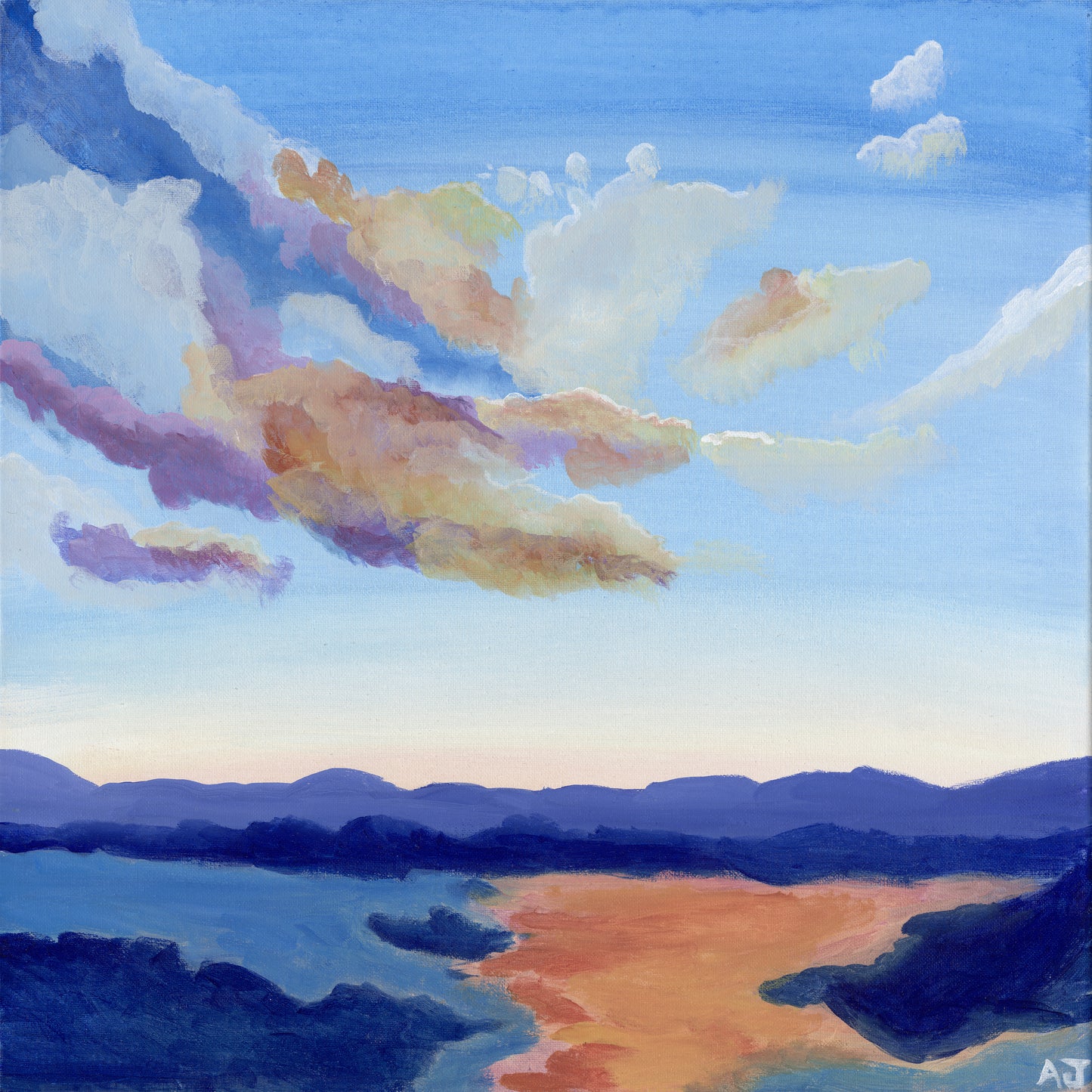 A serene artwork featuring a tranquil landscape with a golden and blue horizon. Vibrant clouds with hints of gold, purple, and pink stretch across a soft blue sky, reflecting over the water and land below, creating a peaceful and elegant atmosphere.