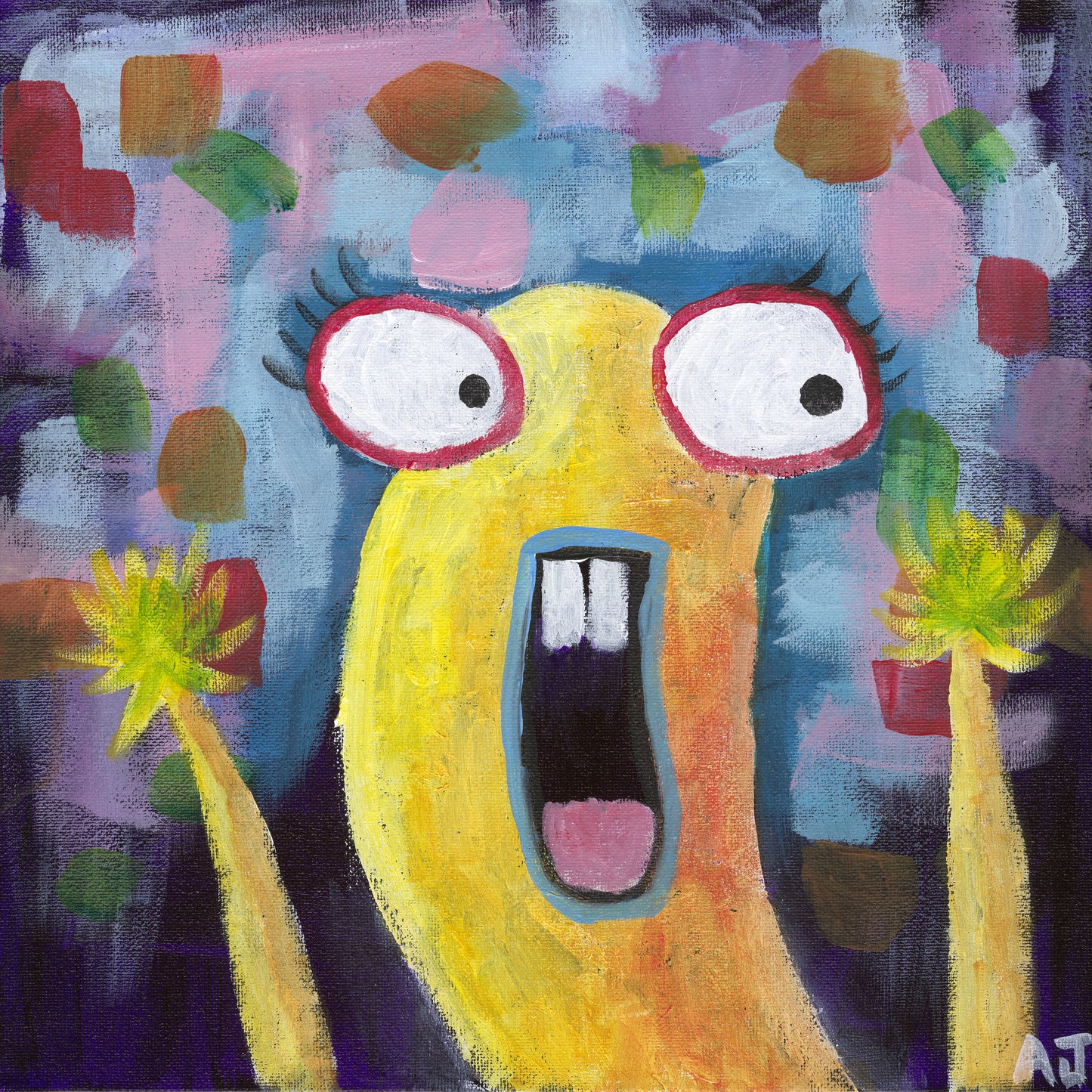A vibrant and whimsical artwork featuring a quirky yellow character with large expressive eyes and an open-mouthed grin. The background is filled with colorful abstract shapes, creating an energetic and playful composition.
