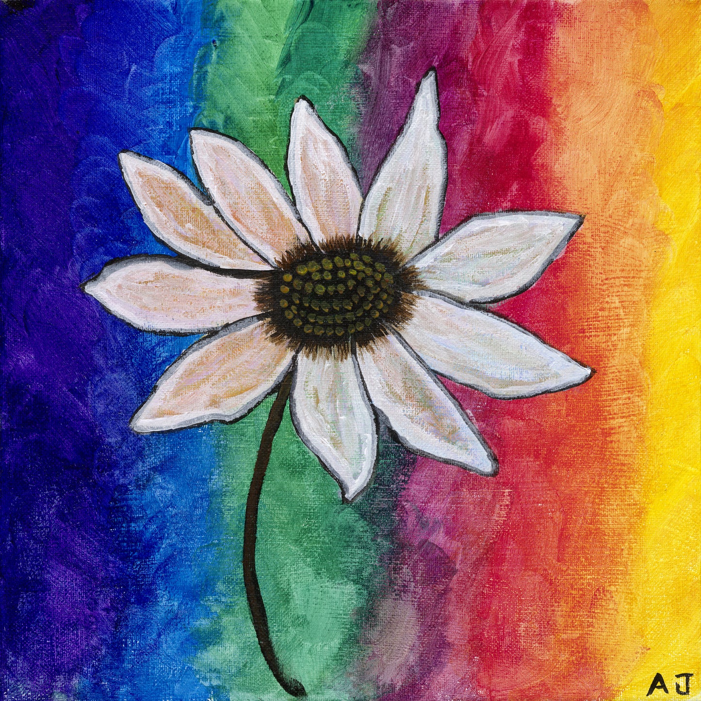 A vibrant artwork featuring a delicate white daisy with soft petals set against a bold rainbow gradient background. The piece combines nature-inspired beauty with a dynamic and colorful design.