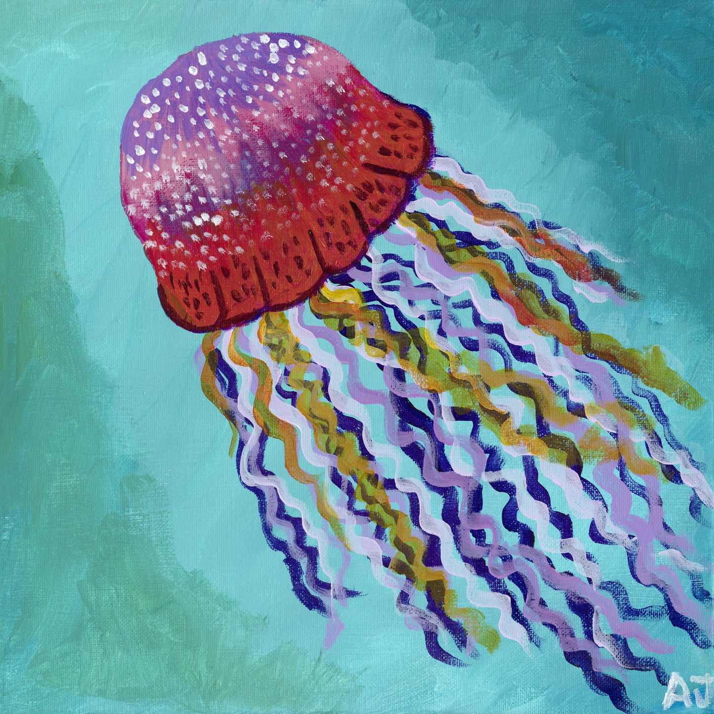 A vibrant artwork of a jellyfish with a bright red dome and multicolored flowing tentacles, set against a calming turquoise sea background. The whimsical and colorful composition evokes the beauty of marine life.
