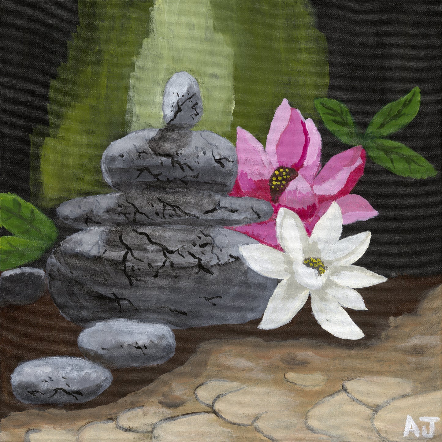 A calming artwork featuring stacked gray stones alongside vibrant pink and white lotus flowers. The soft green background and natural textures create a tranquil and harmonious atmosphere, perfect for evoking a sense of Zen.