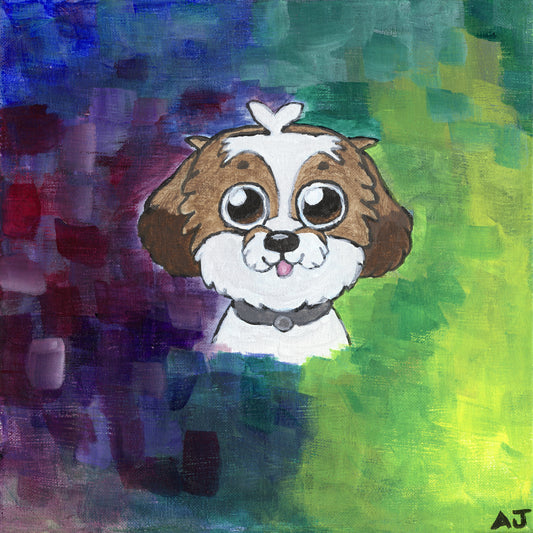 A cheerful artwork featuring a cartoon-style dog with expressive eyes and a playful smile. The background is a vibrant blend of blues, purples, and greens, creating a lively and whimsical composition.