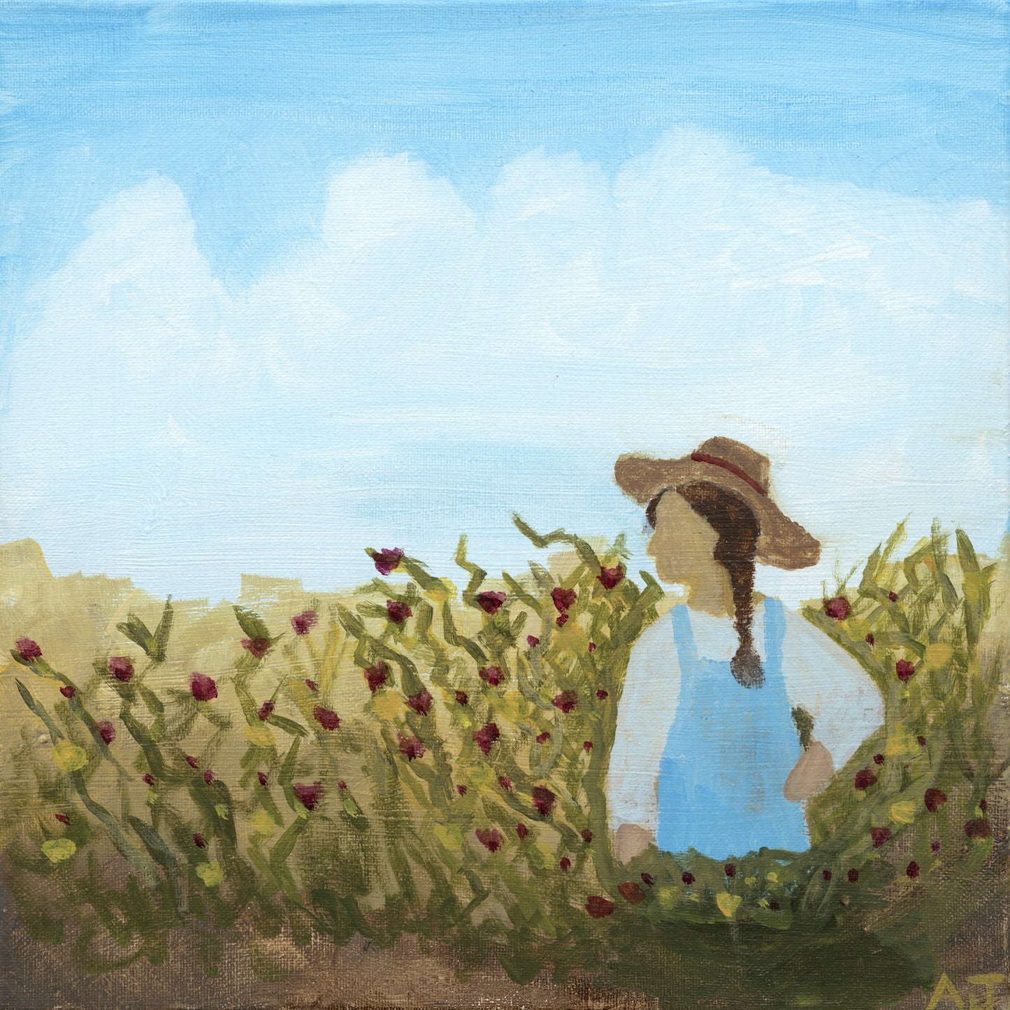 A heartwarming artwork featuring a young girl in a light blue dress and straw hat, standing in a field of wildflowers under a bright blue sky with soft white clouds. The piece evokes a sense of rustic charm and peaceful reflection.