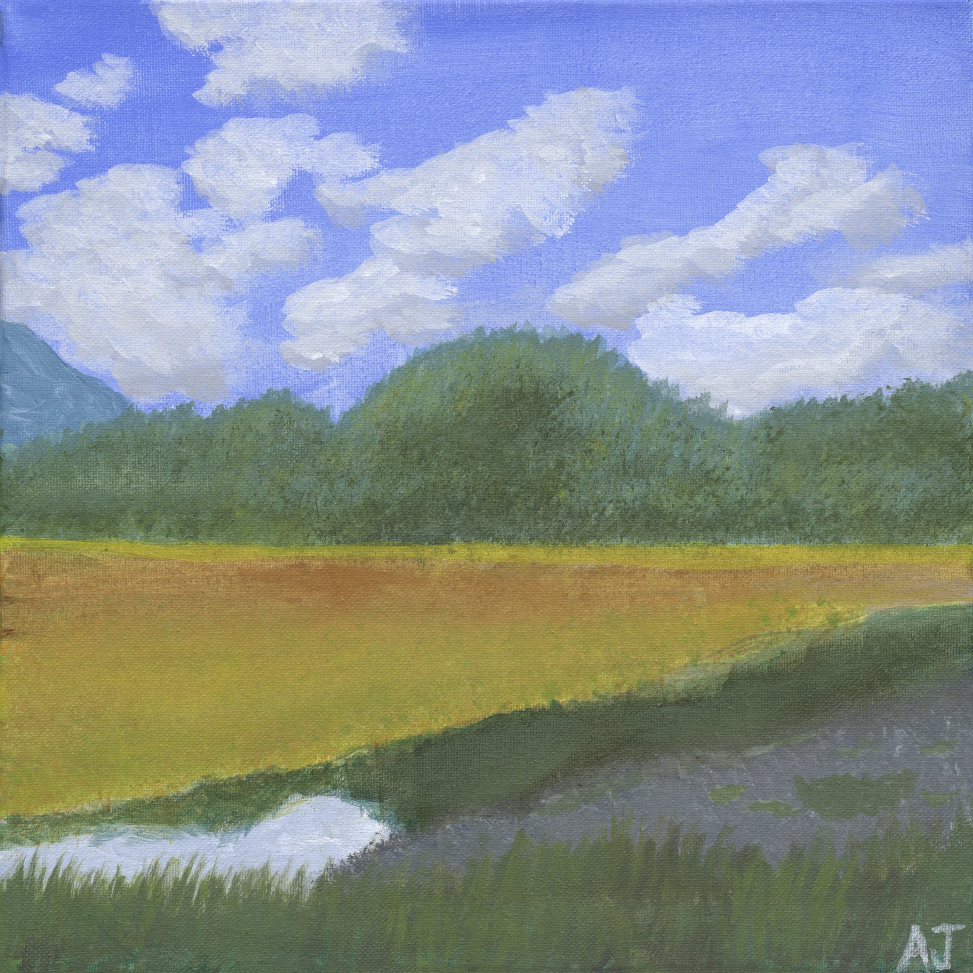 A serene artwork of a golden meadow under a clear blue sky with soft, drifting clouds. Rolling hills and lush green trees create a tranquil landscape, evoking warmth and natural harmony.