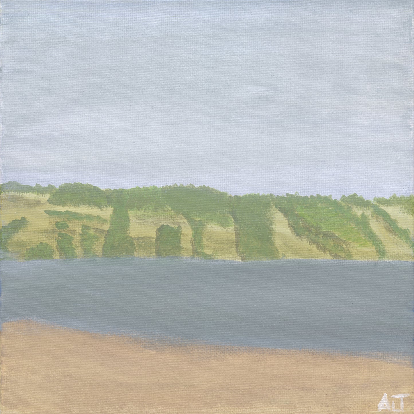 A tranquil artwork featuring a quiet river bordered by lush green cliffs and a sandy riverbank. The muted tones of the water and overcast sky create a serene and peaceful atmosphere, perfect for quiet reflection.