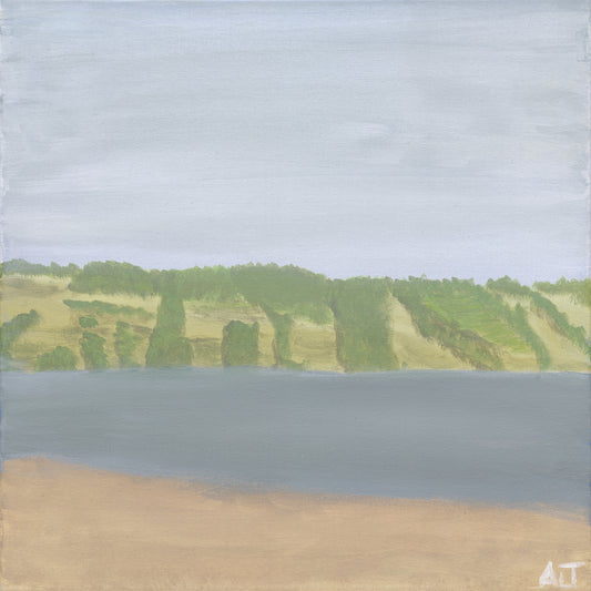 A tranquil artwork featuring a quiet river bordered by lush green cliffs and a sandy riverbank. The muted tones of the water and overcast sky create a serene and peaceful atmosphere, perfect for quiet reflection.