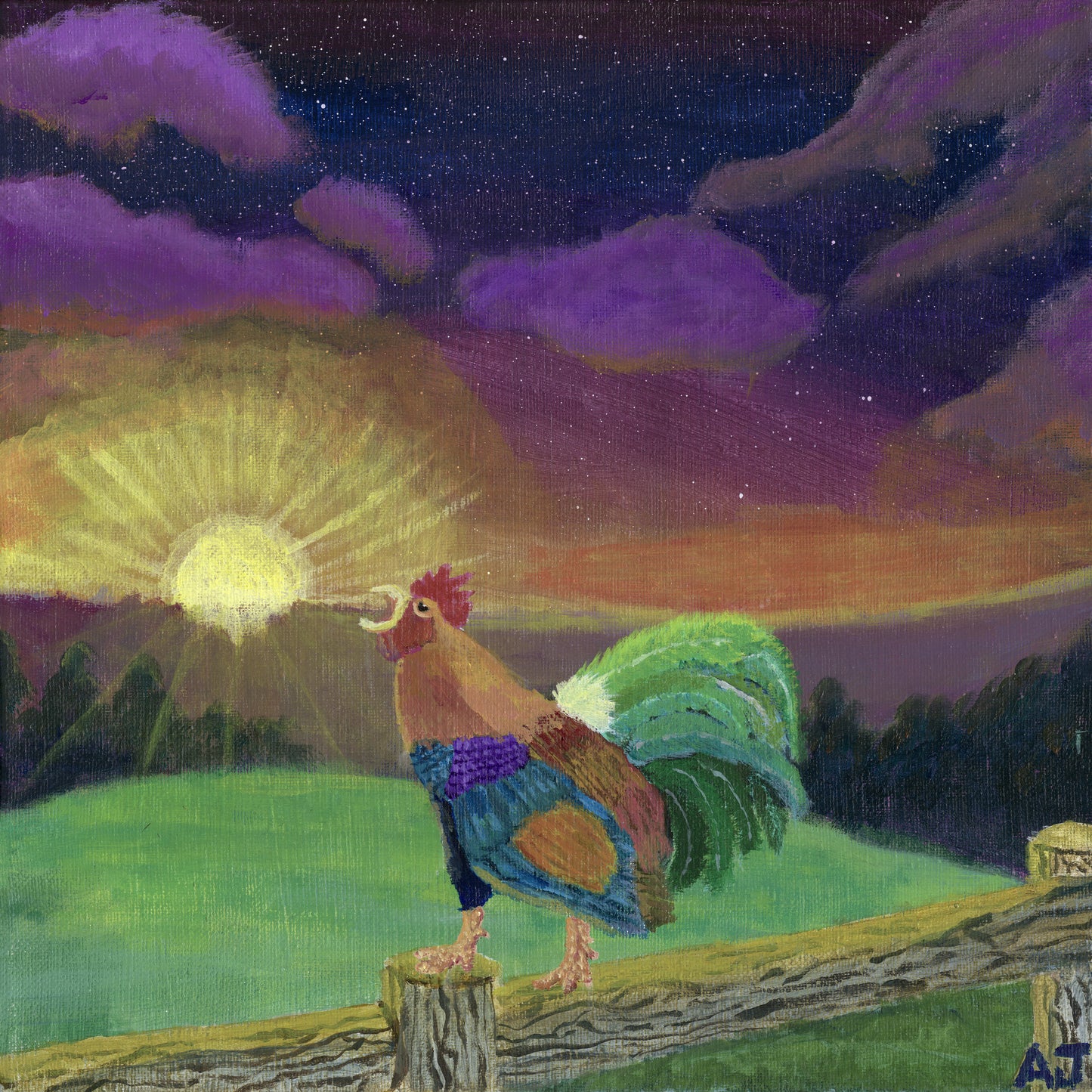 A colorful rooster crowing atop a rustic wooden fence, set against a vibrant dawn sky transitioning from deep purple to golden hues. The sun rises over a serene green field, radiating warmth and energy.