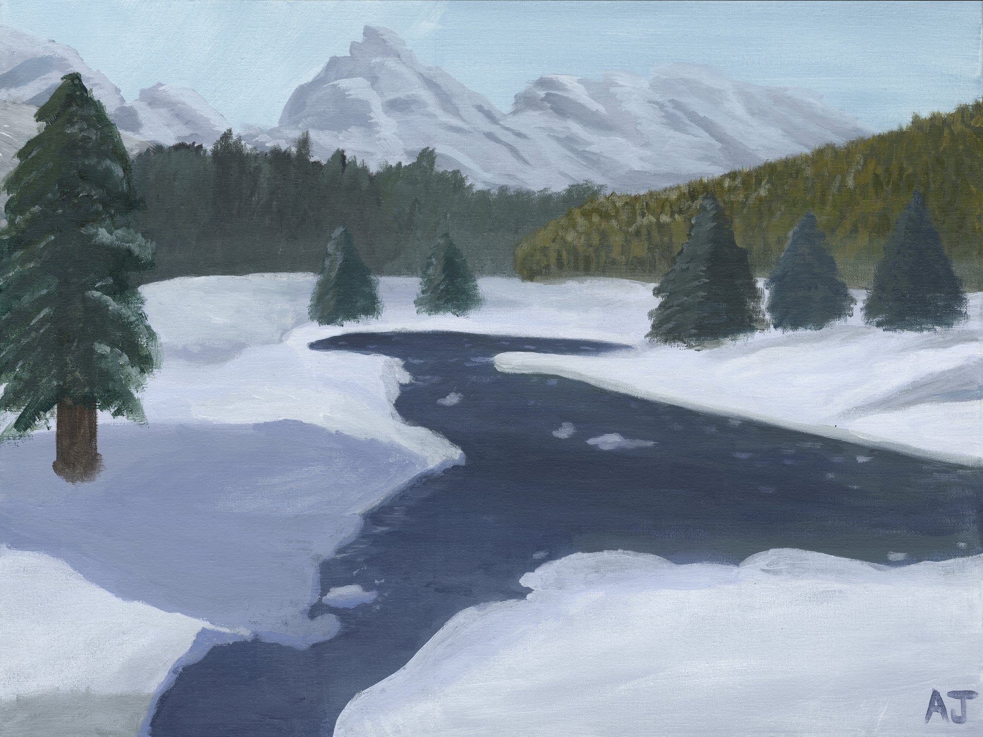 A tranquil winter landscape featuring a snowy forest with evergreen trees, a gently winding stream, and majestic mountains in the background under a soft blue sky. The scene exudes peace and serenity.